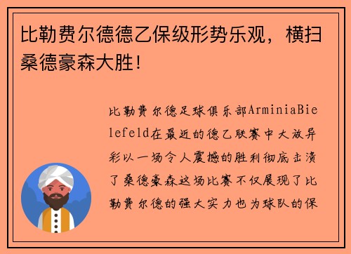比勒费尔德德乙保级形势乐观，横扫桑德豪森大胜！